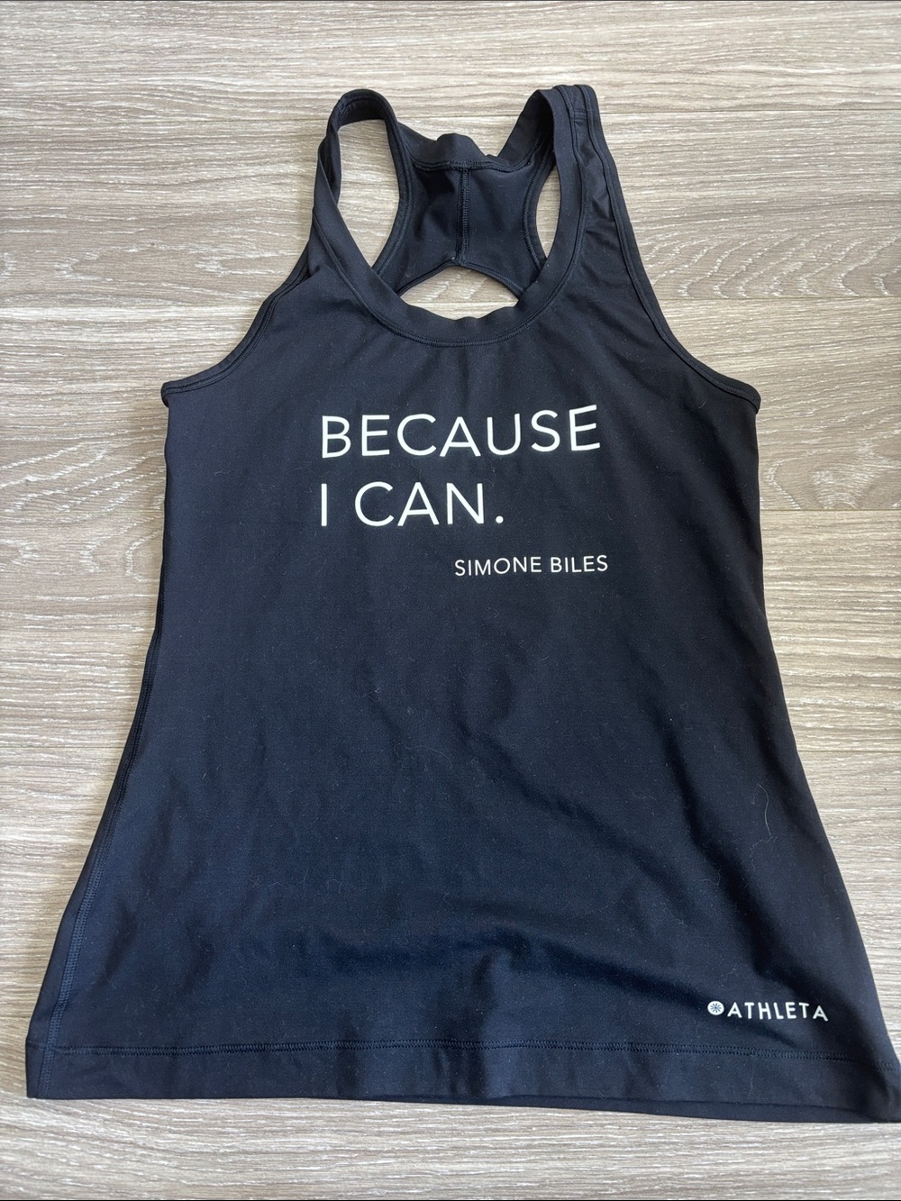 Athleta Black Racerback Tank with "Because I Can" Simone Biles Slogan